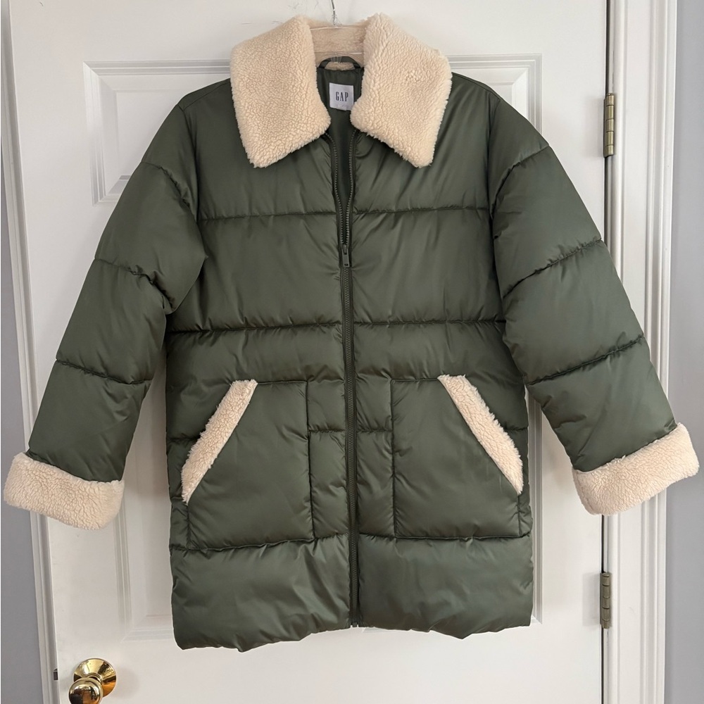 GAP Olive Green Puffer Coat with Cream Details